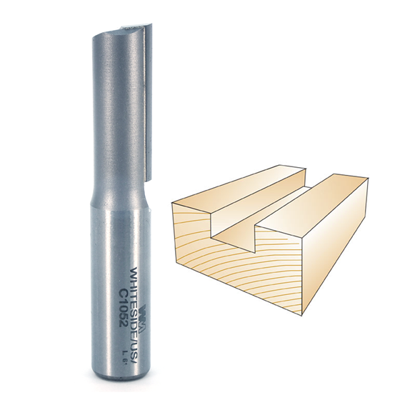 Single flute straight bit router tool with metal shank for woodworking grooves and dado cuts in home improvement projects