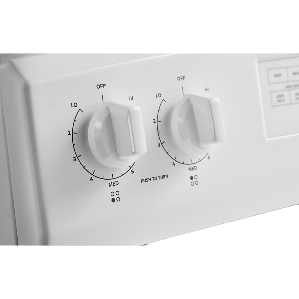 Close-up of white control knobs with temperature settings on a 30-inch electric range in kitchen appliances collection