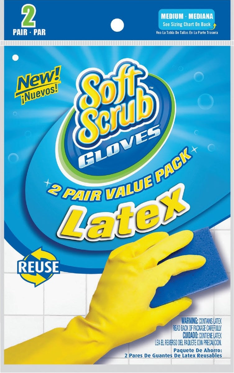 Packaging of medium reusable yellow latex gloves 2-pack for cleaning and household tasks in Cleaning Tools collections