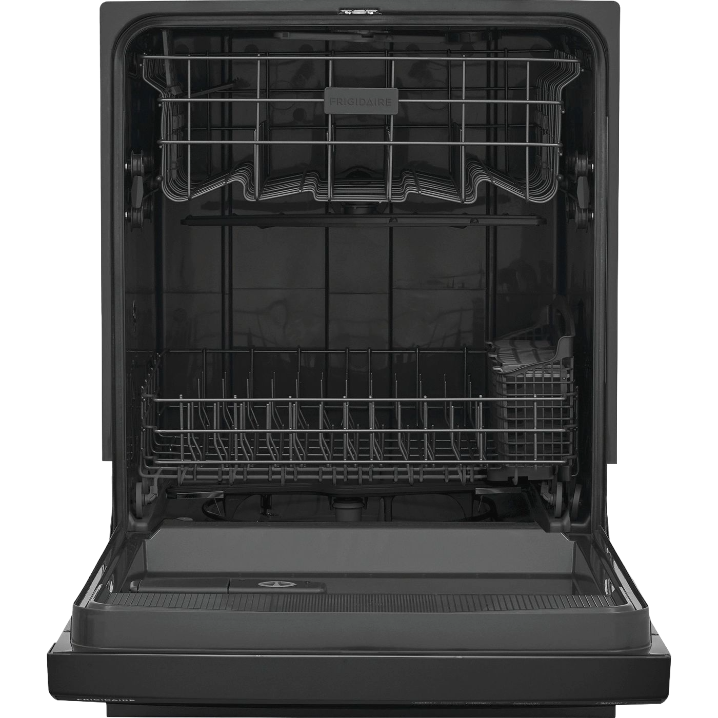 Open black built-in dishwasher interior with two wire racks and utensil basket in kitchen appliance setting