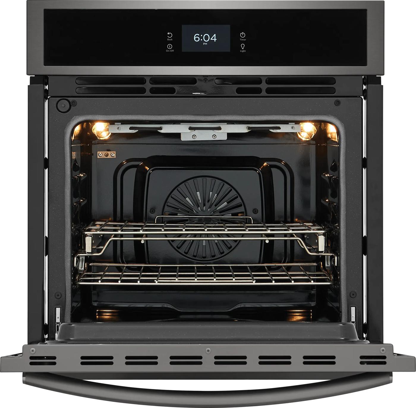 Modern single electric wall oven with total convection and digital display in kitchen appliances and home improvement collections