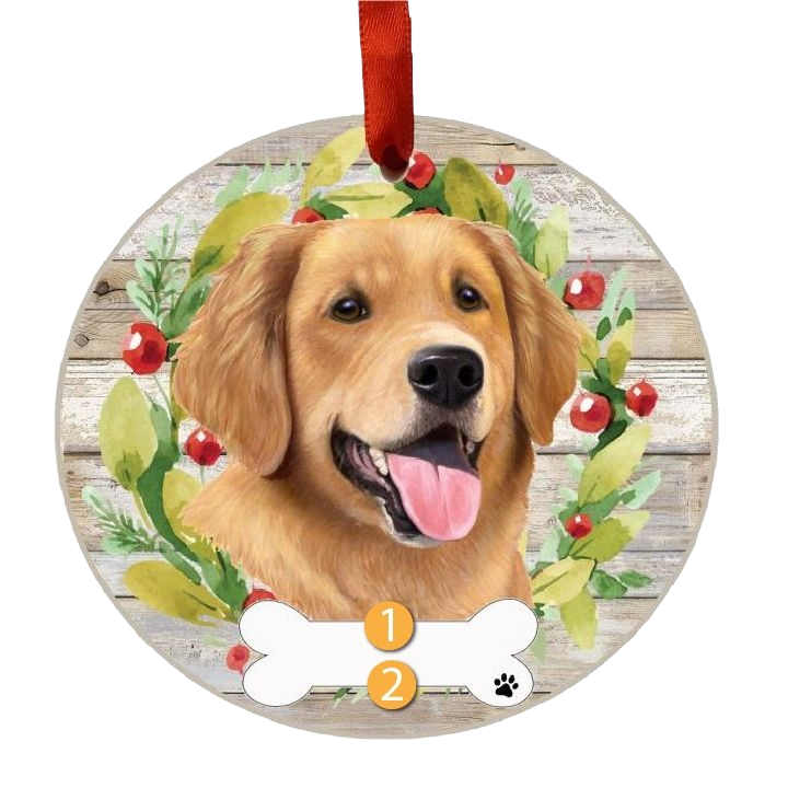 Round Christmas ornament featuring a happy Golden Retriever face with festive wreath and red ribbon for hanging