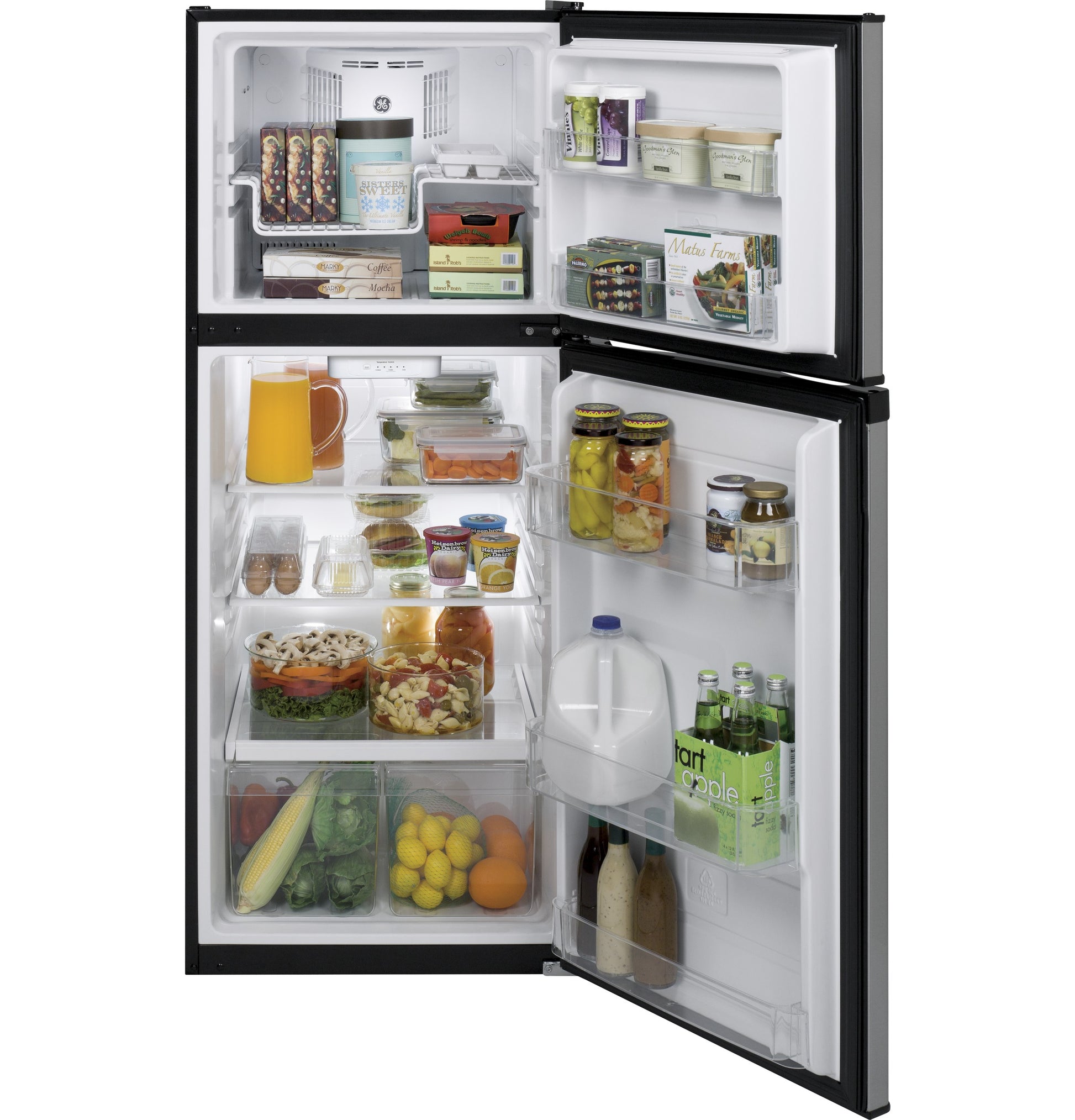 Top-freezer refrigerator with black trim showing organized food and beverage storage in Refrigerators and Kitchen & Kitchenware collections