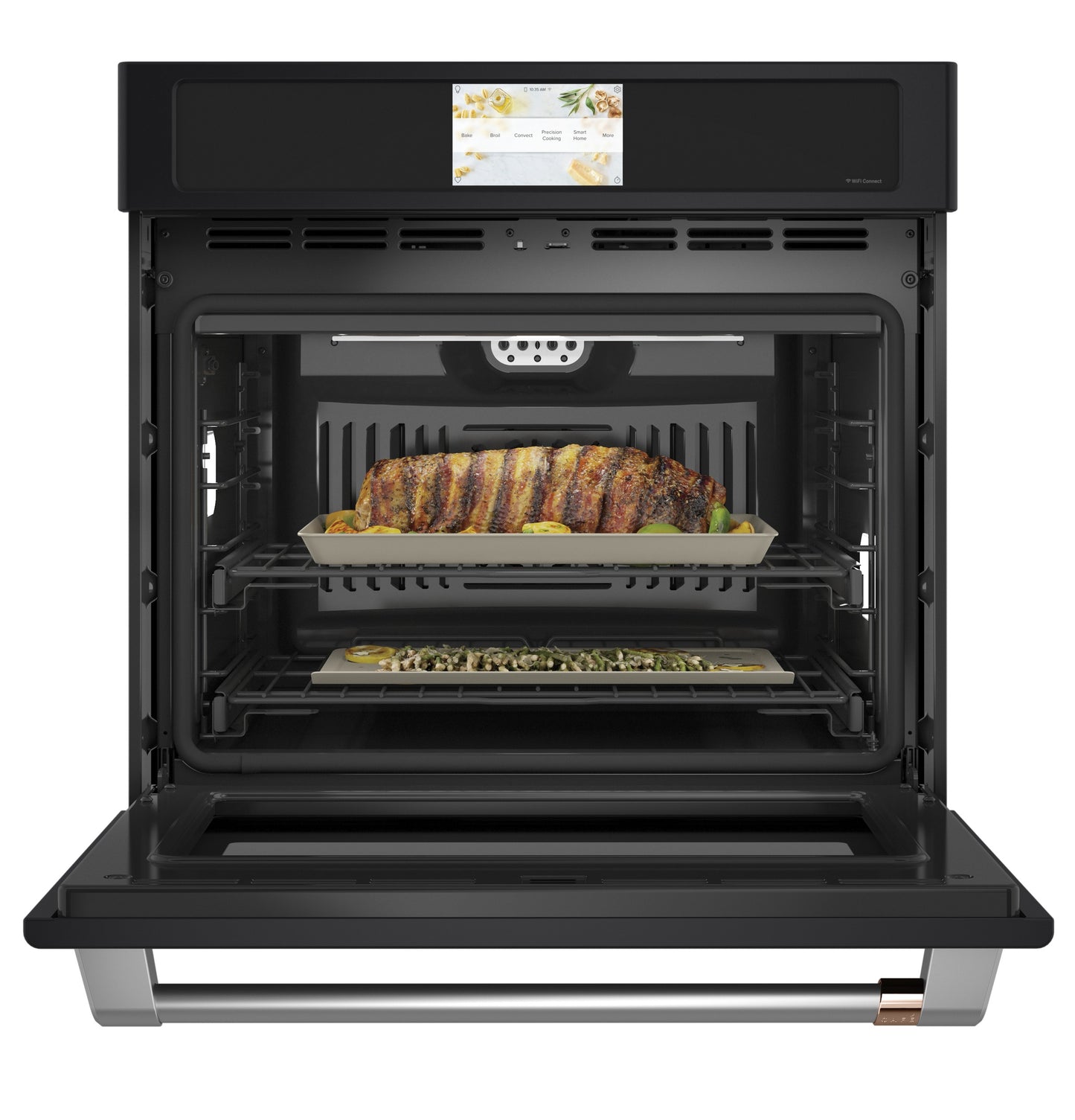 Open smart convection wall oven from the Single Wall Ovens collection with cooked roast and side dish inside