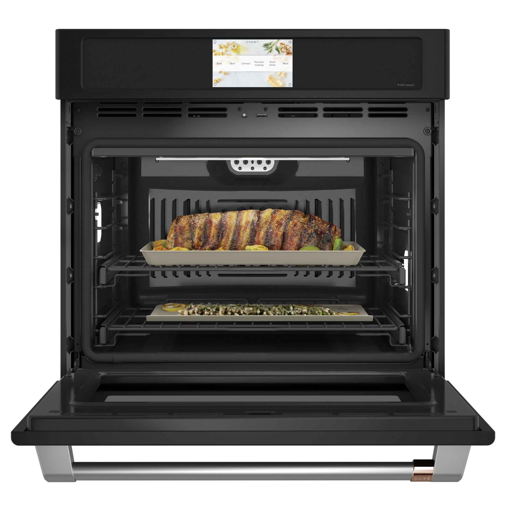 Open smart convection wall oven from the Single Wall Ovens collection with cooked roast and side dish inside
