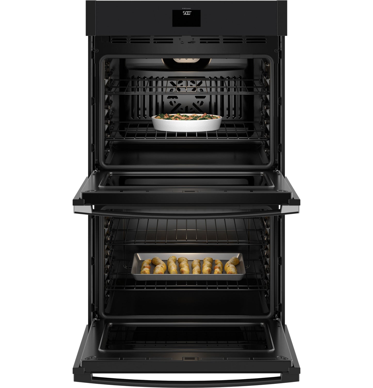 Matte black built-in double wall oven with digital controls and two open compartments from kitchen appliances collection