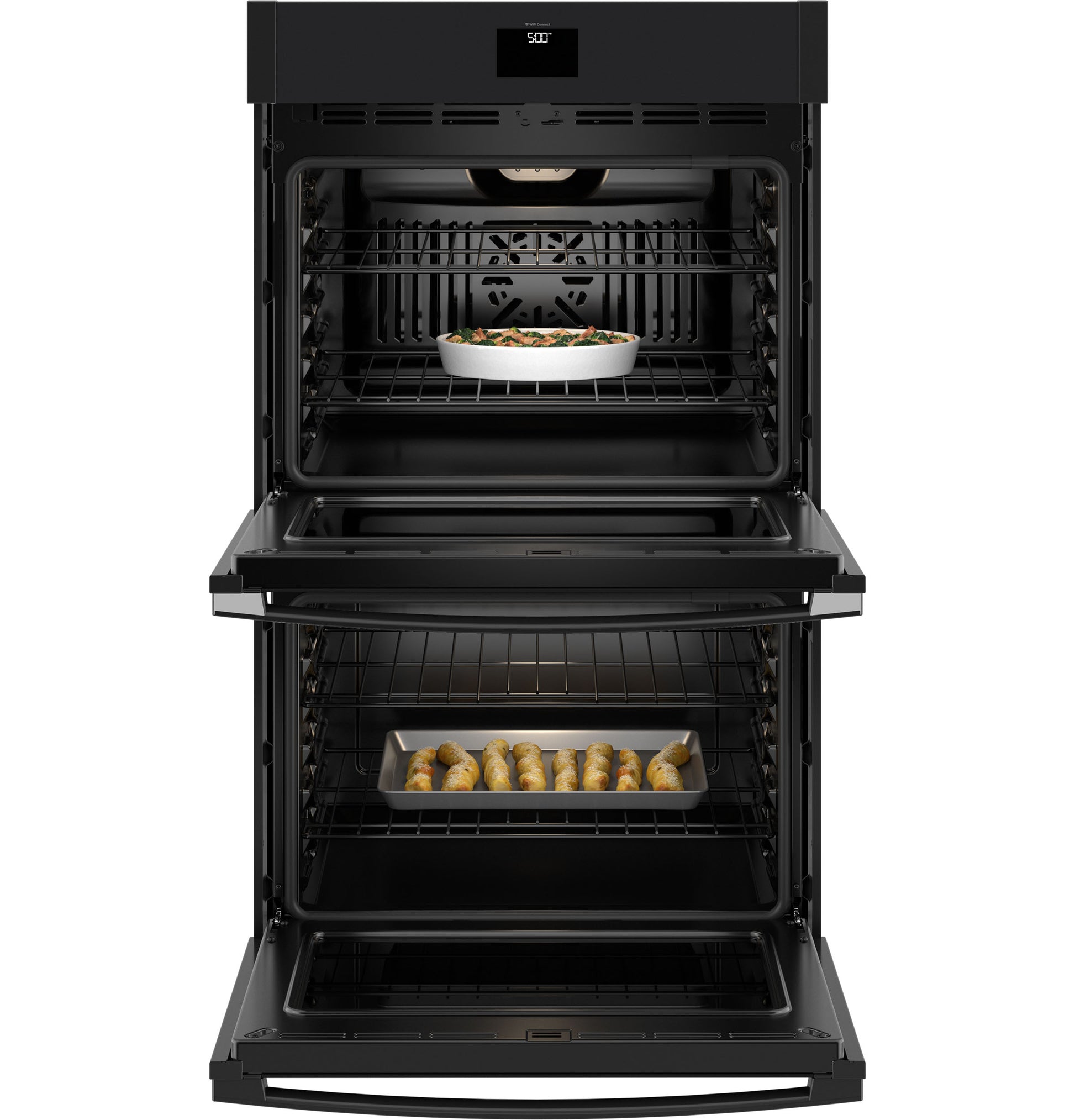 Matte black built-in double wall oven with digital controls and two open compartments from kitchen appliances collection