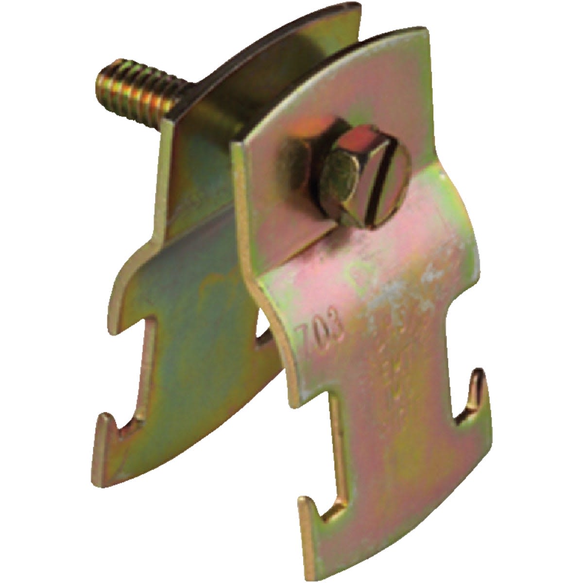 Gold electroplated zinc pipe clamp with universal fit and adjustable screw for securing plumbing or mechanical pipes