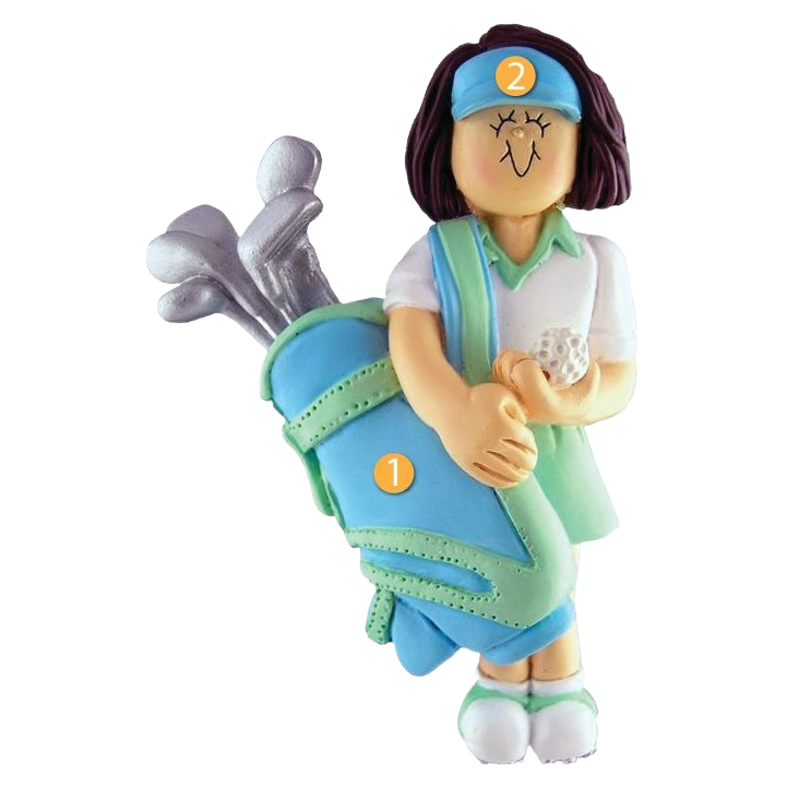 Whimsical brunette female golfer holding clubs with teal and blue bag for Christmas decorations under $50 collection