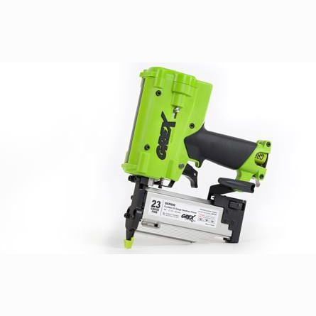 Green and black cordless 23-gauge pinner tool designed for precision fastening in tools and home improvement tasks