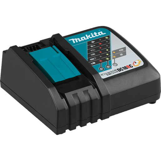 Makita compact black and teal battery charger with LED indicator lights for cordless tool power management