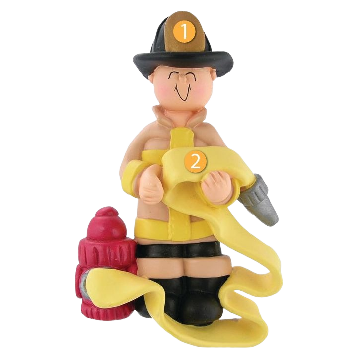 Playful male firefighter ornament holding yellow hose next to red fire hydrant Christmas tree decoration under 50 dollars