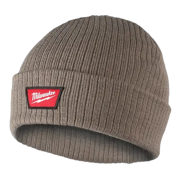 Brown rib-knit cuffed beanie with red logo patch, designed for warmth during tools and home improvement tasks