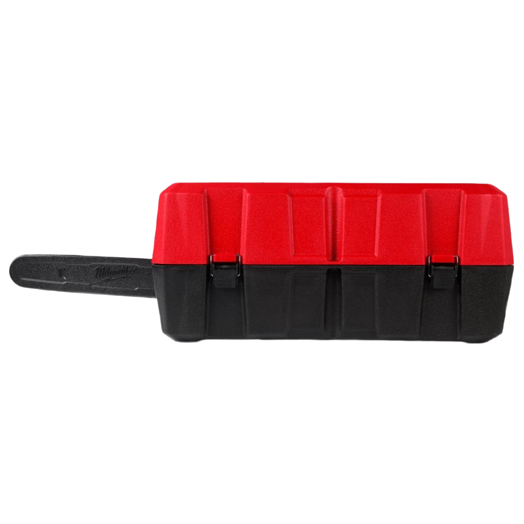 Compact red and black hard plastic case with secure latches designed for chainsaw storage and workshop organization