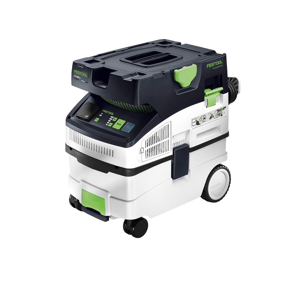 Compact black and white Festool dust extractor with green accents, digital controls, and wheels for tools and home improvement tasks