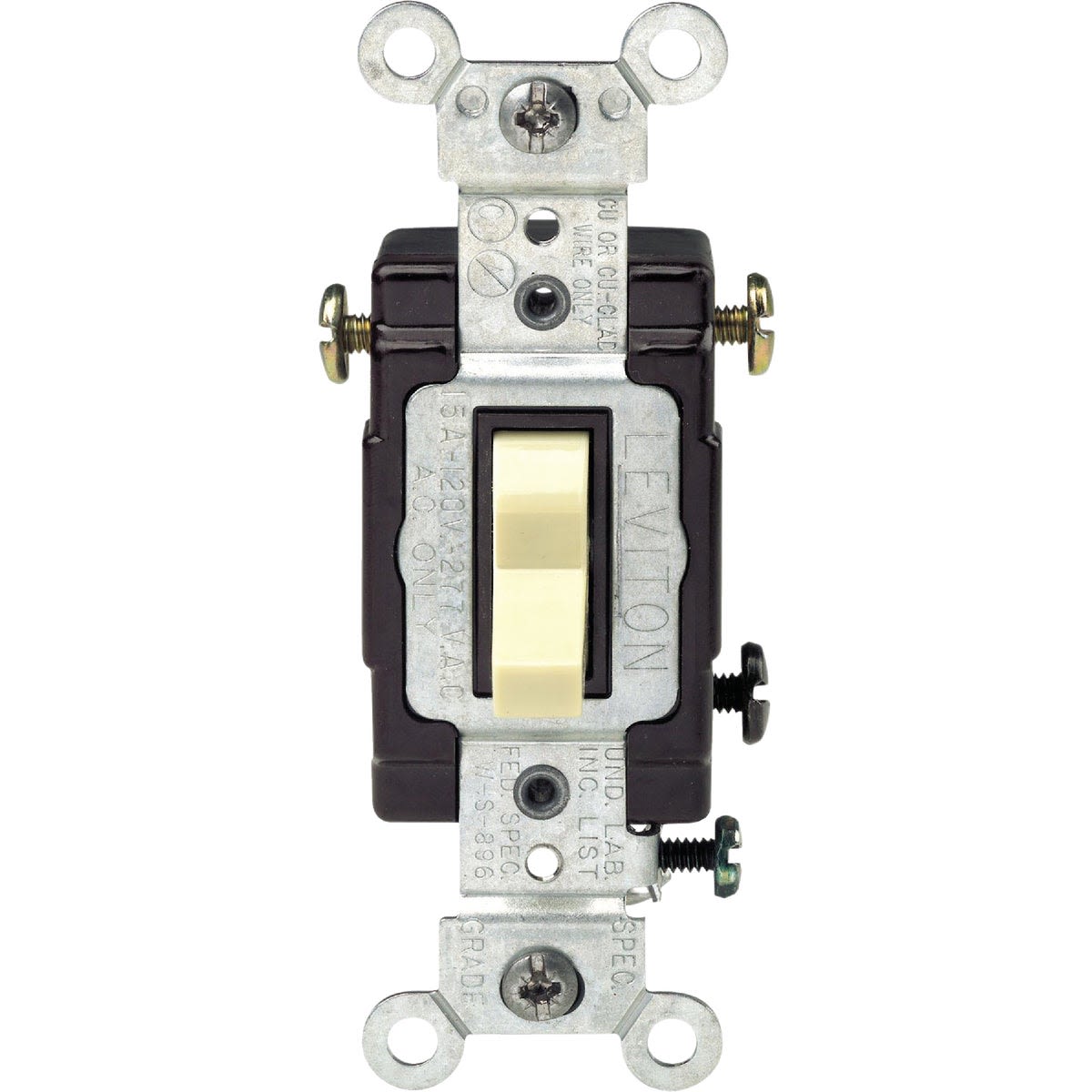 Ivory toggle switch with metal mounting bracket and grounding screws for home improvement installation