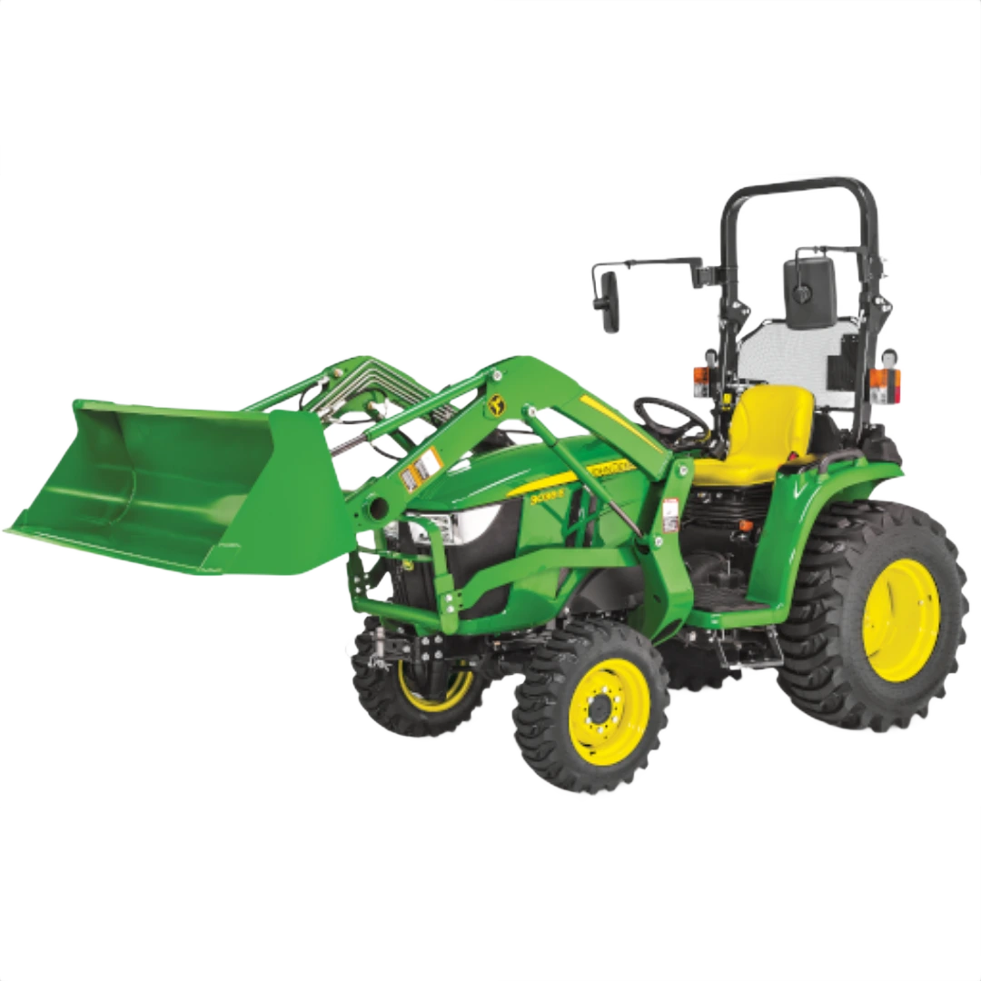 Green compact utility tractor with front loader and yellow seat for tools and home improvement tasks