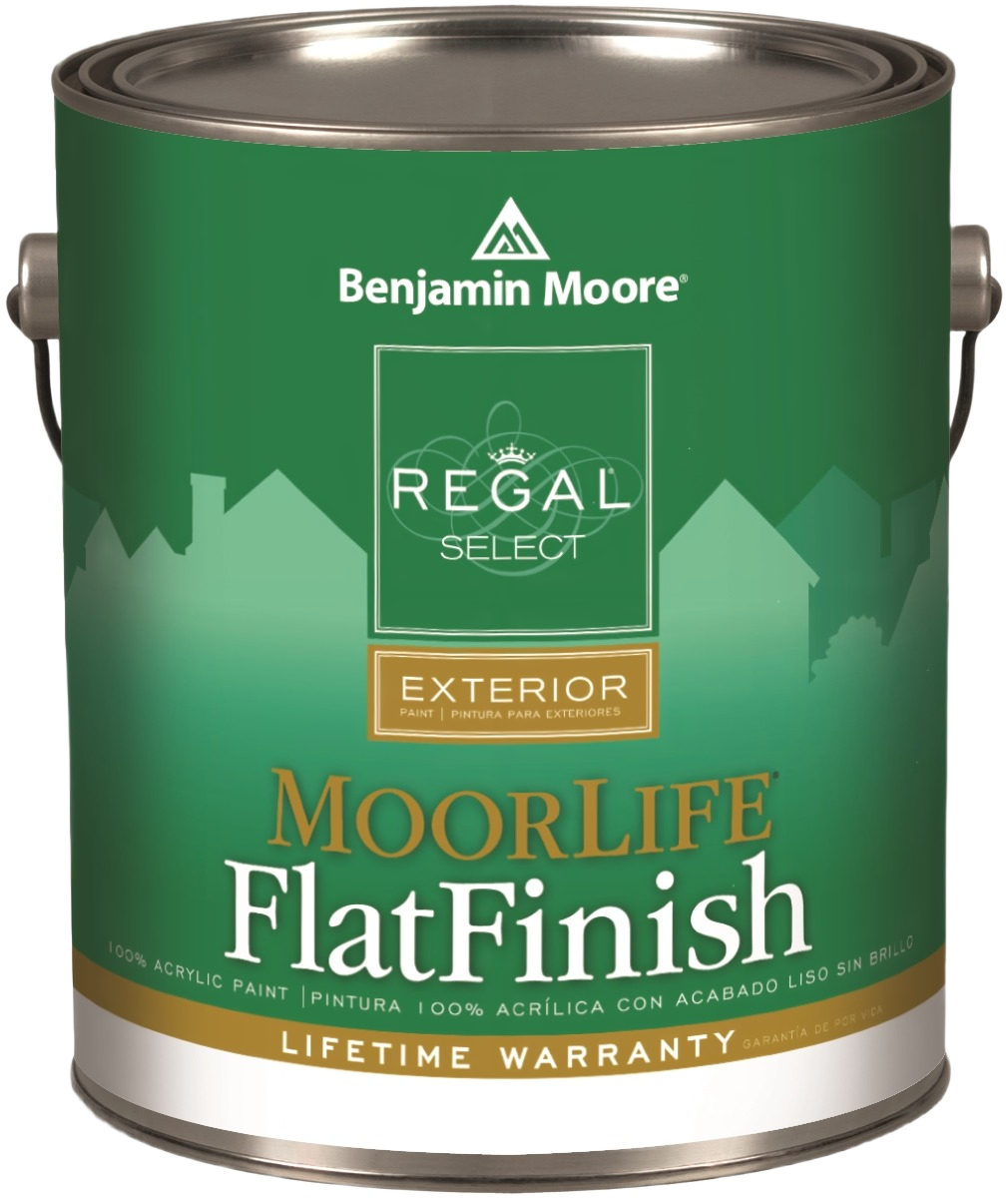 Green Benjamin Moore exterior flat finish paint can from the Regal Select line with lifetime warranty for home improvement projects