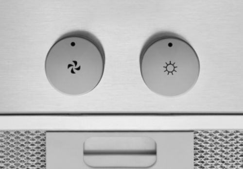 Stainless steel power pack insert with dual control knobs for fan speed and LED lighting in range hoods collection