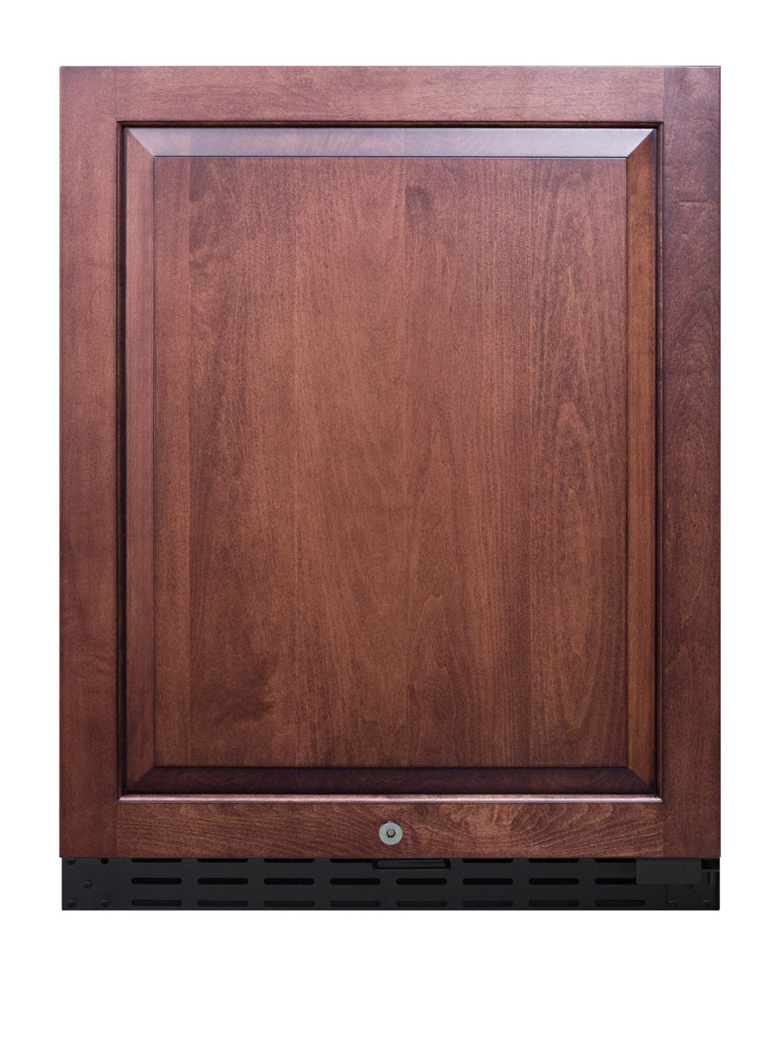 Built-in undercounter refrigerator with panel-ready dark wood door, suitable for kitchen and home improvement collections