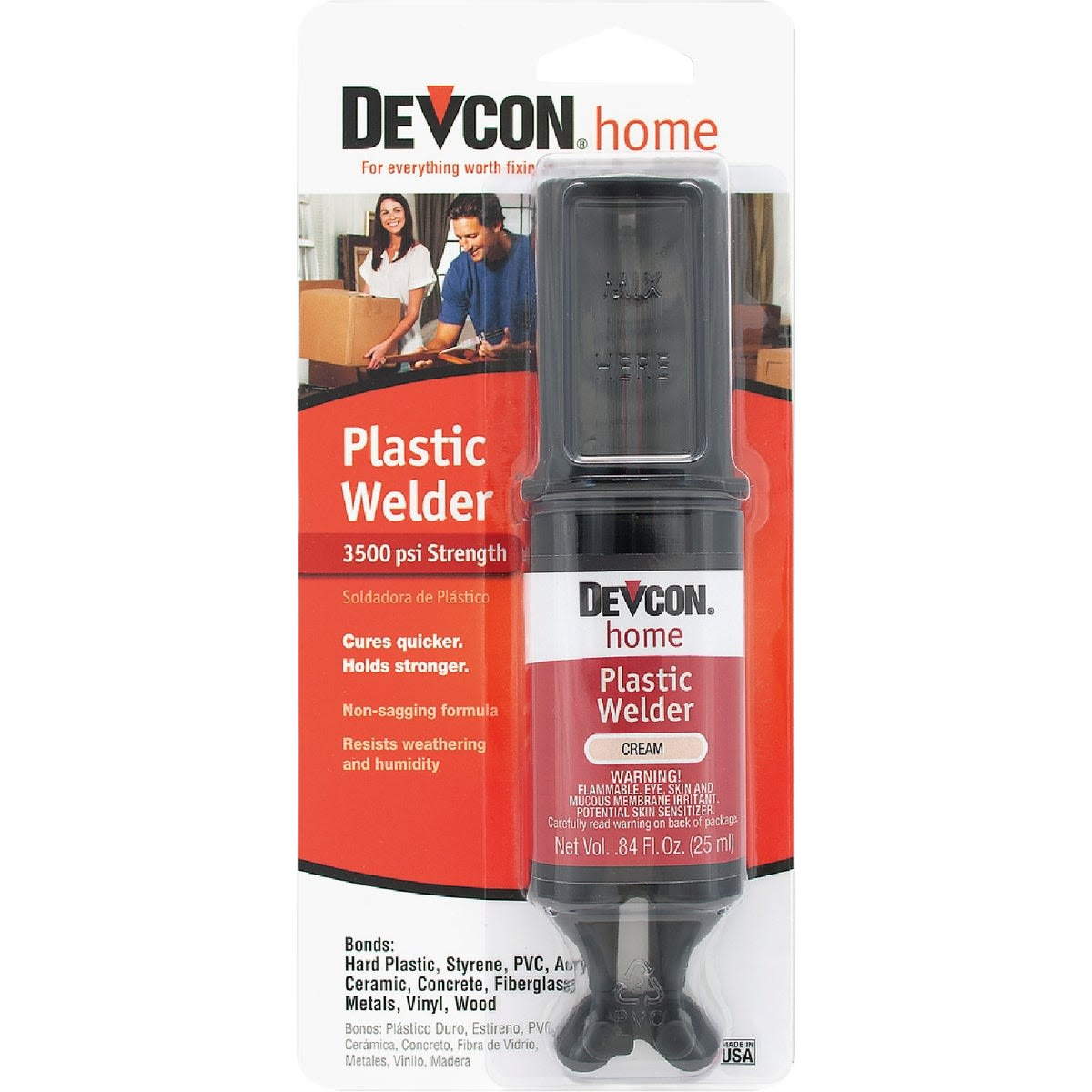 Devcon Plastic Welder epoxy tube in retail packaging for sealing and repairing plastics in home improvement collections