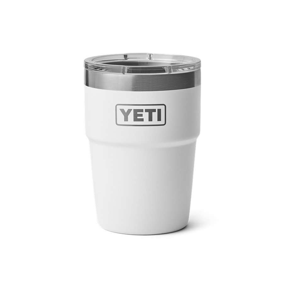 White insulated 16 oz stackable cup with clear lid and stainless steel rim from drinkware and kitchenware collections