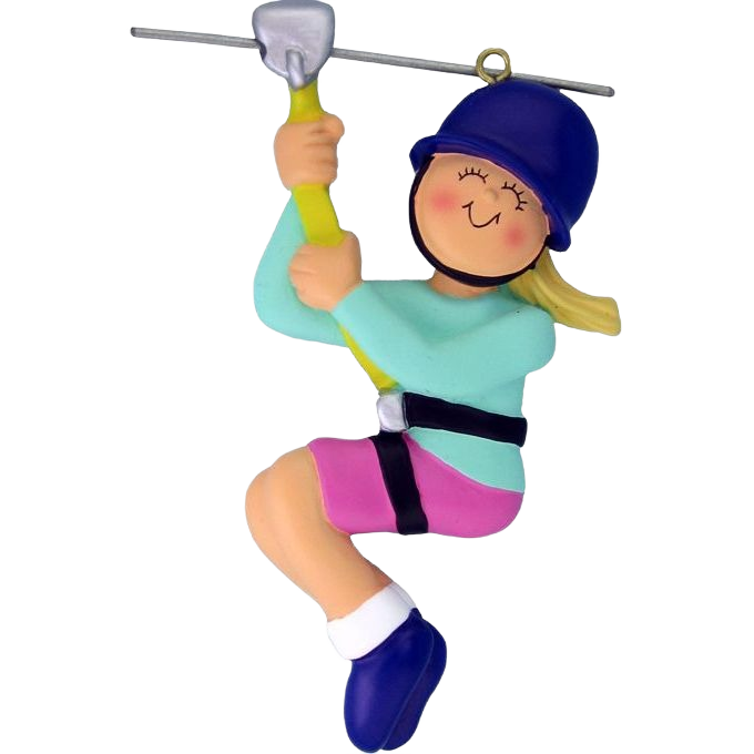 Blonde female figurine in blue helmet and pink shorts zip lining, festive Christmas tree ornament under $50