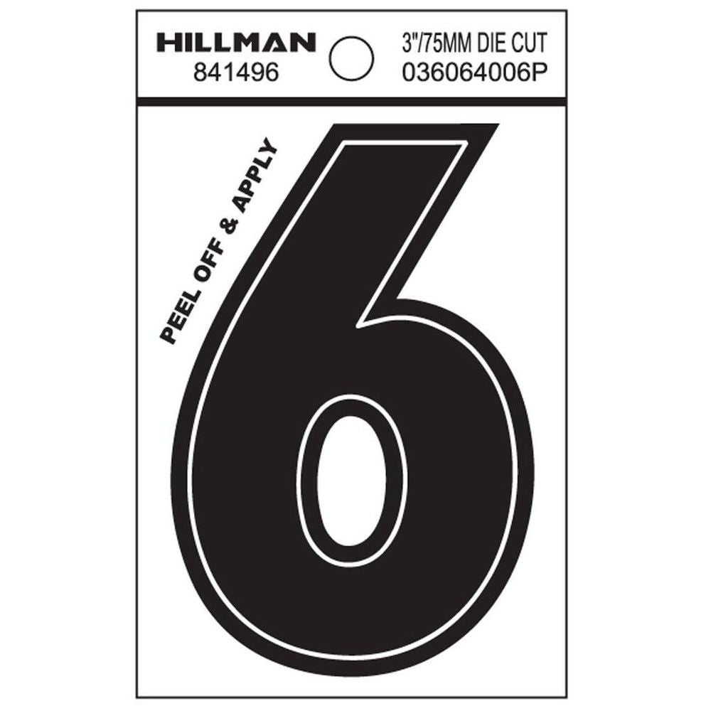 Black adhesive house number 6 with peel-and-stick backing for easy application in home improvement projects