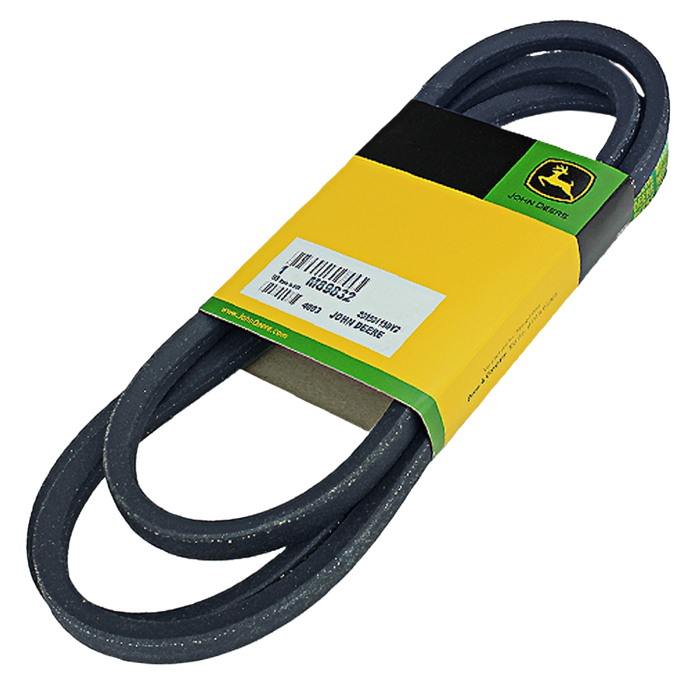Black automotive drive belt with yellow and green packaging for John Deere parts and mechanic tools collections