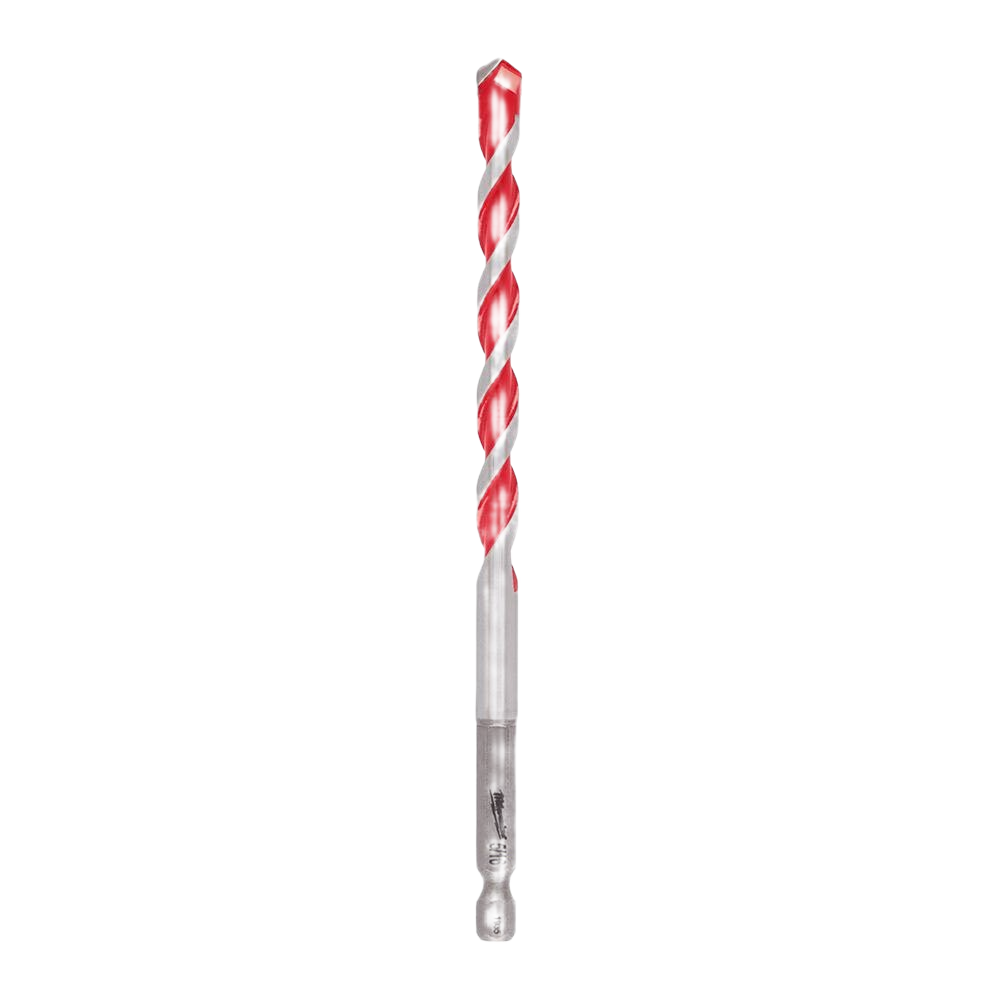 Carbide-tipped hammer drill bit with red and silver spiral design, suitable for power tool accessories and home improvement.
