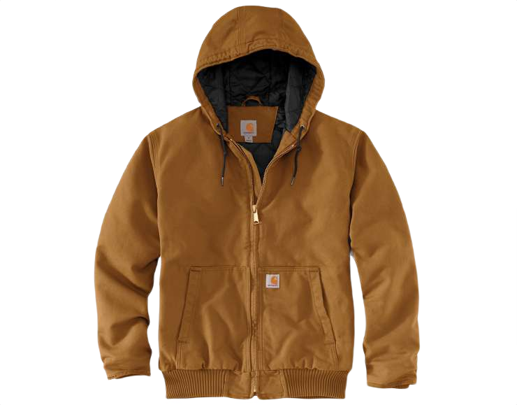 Men's brown heavyweight washed cotton duck jacket with hood, insulated quilted nylon lining, and loose fit in outerwear collections