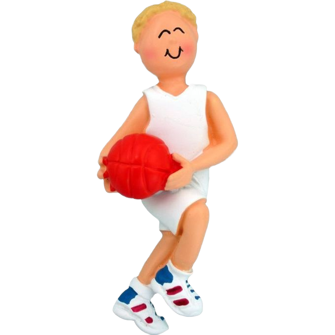 Blonde-haired basketball player figurine in white uniform holding red ball for Christmas ornaments collection