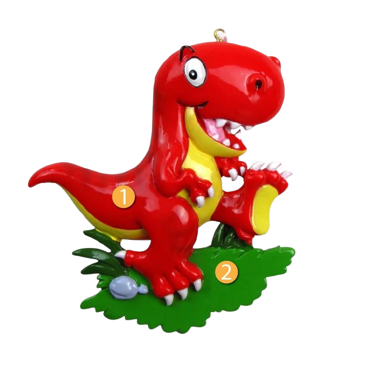 Playful red dinosaur ornament standing on green grassy base in Christmas Ornaments & Tree Decorations collection