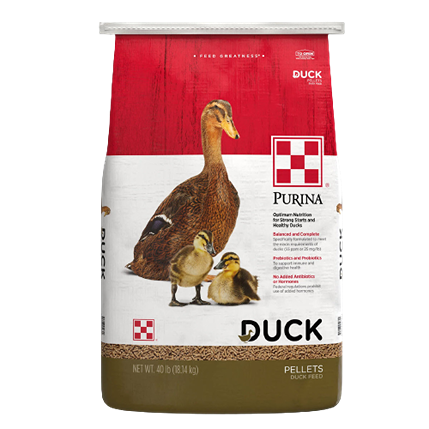Bag of Purina pellets designed to support healthy growth in ducks, featuring duck images on packaging.