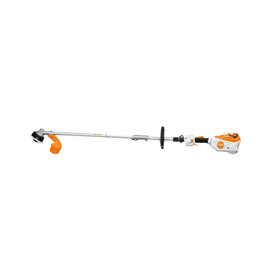 Battery-powered KombiMotor with FS-KM attachment in orange and white for versatile yard tools and power equipment collections