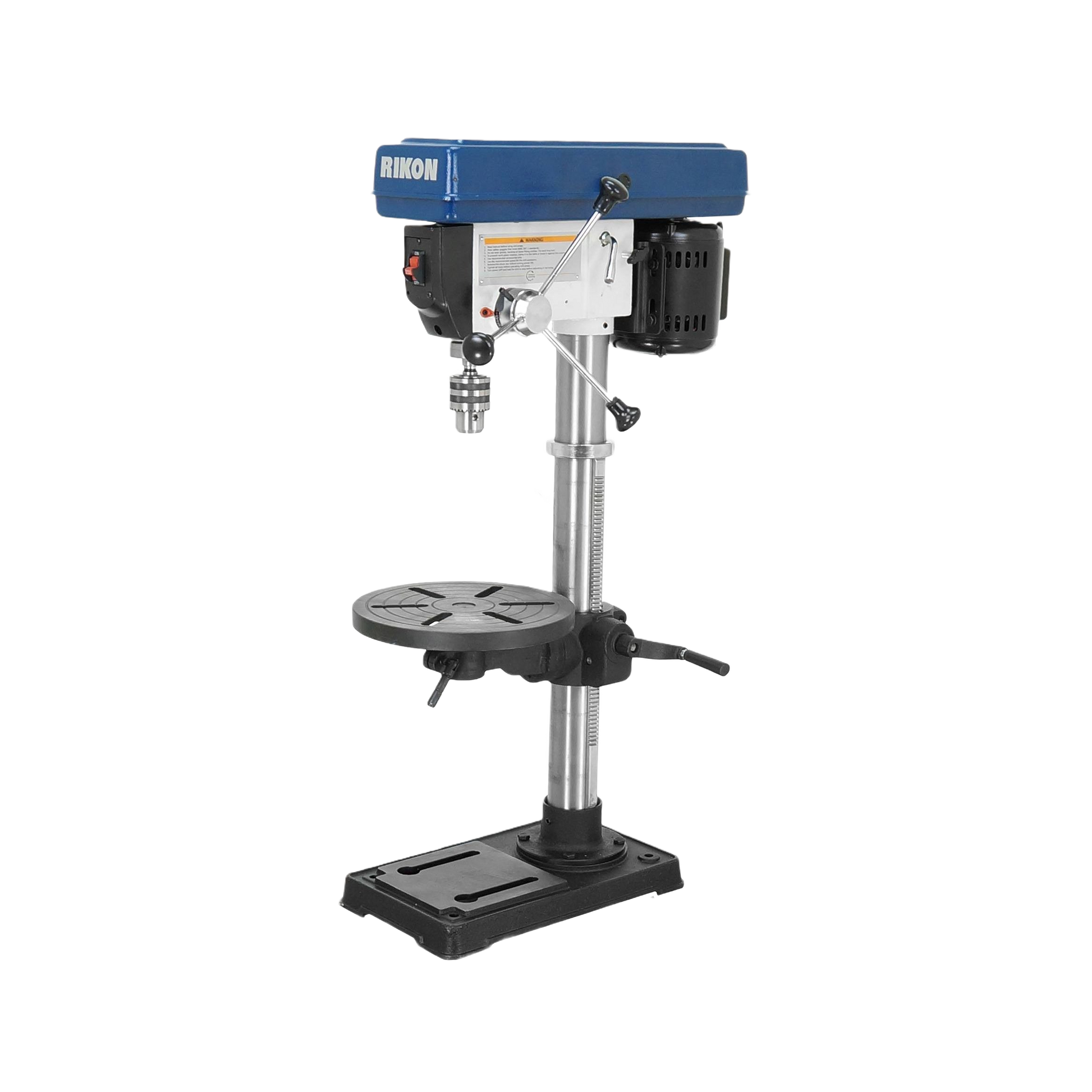 Blue and silver bench drill press with adjustable table and sturdy base for precision drilling in home improvement tasks