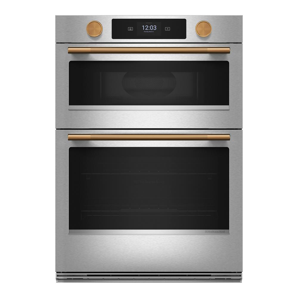 Stainless steel 30-inch smart electric combo wall oven with bronzed handles and knobs in KitchenAid appliances collection