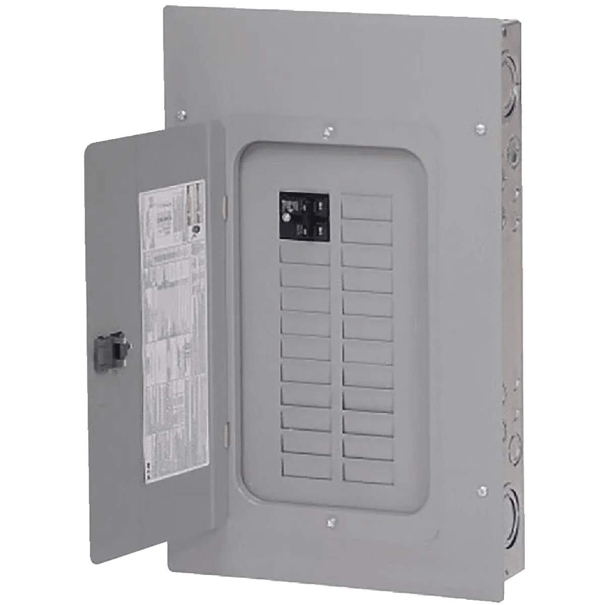 Gray indoor electrical load center with hinged door and circuit breaker slots for home improvement projects