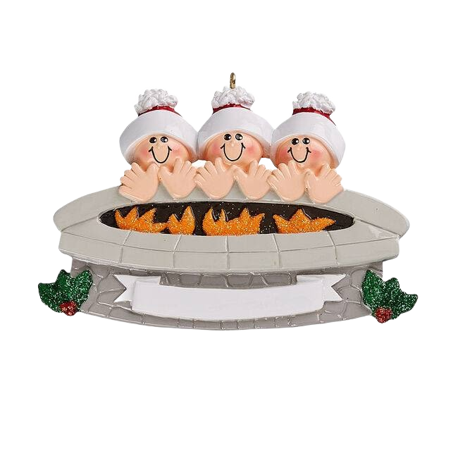 Three smiling figures in winter hats warming hands around a glowing firepit Christmas ornament under $50 collection