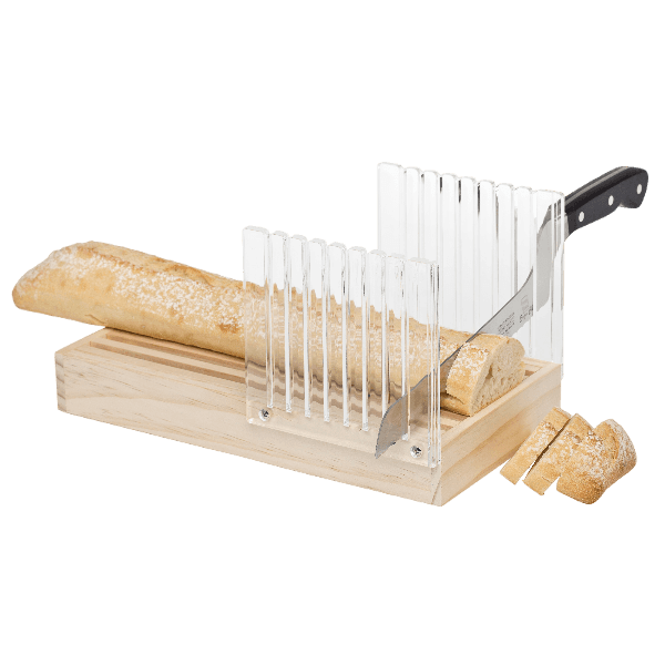 Wood and clear acrylic bread slicing guide with adjustable slots for even slices in kitchenware and cooking utensils collections