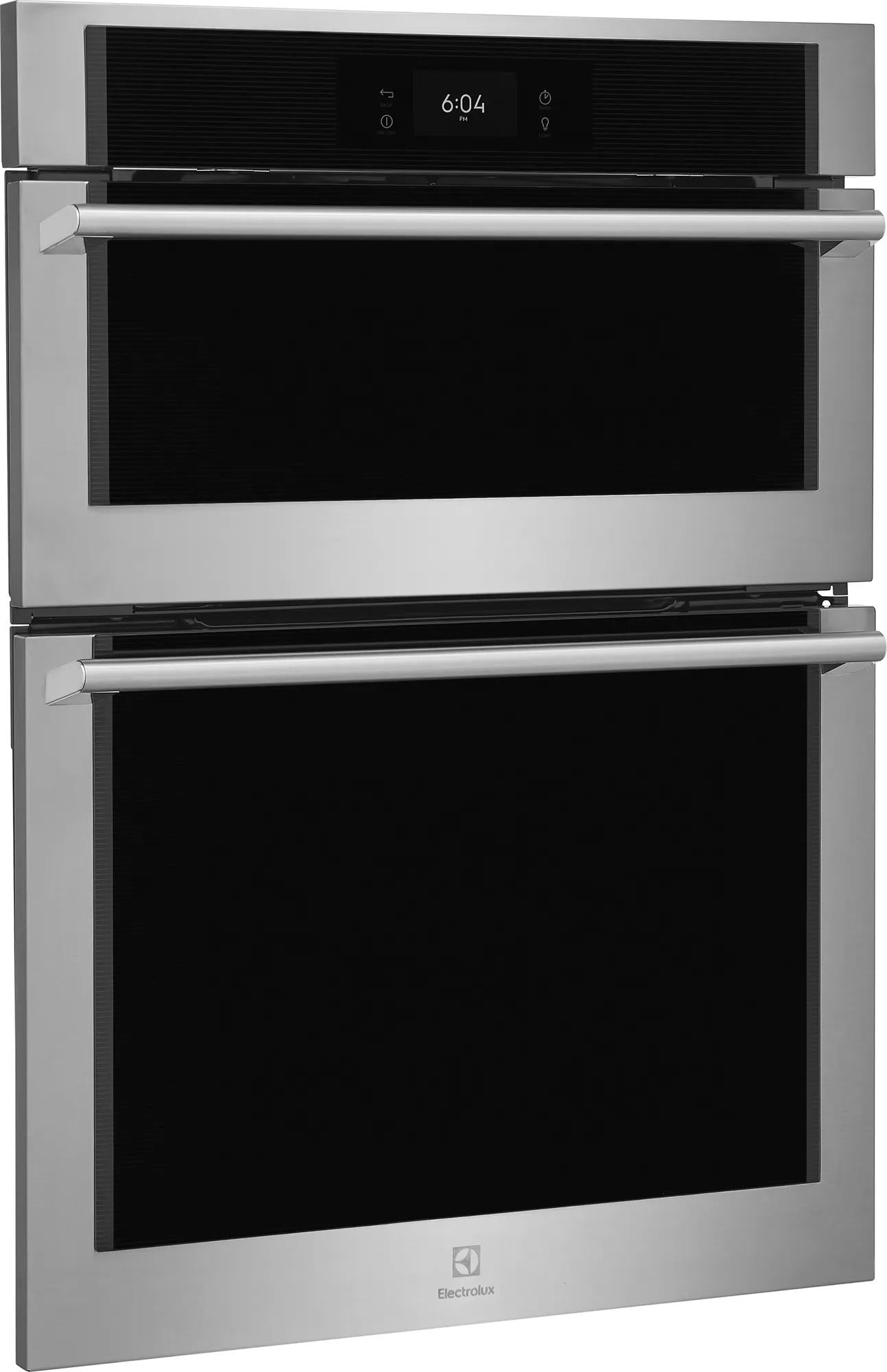Stainless steel wall oven and microwave combo with touchscreen control panel and modern kitchen appliance design