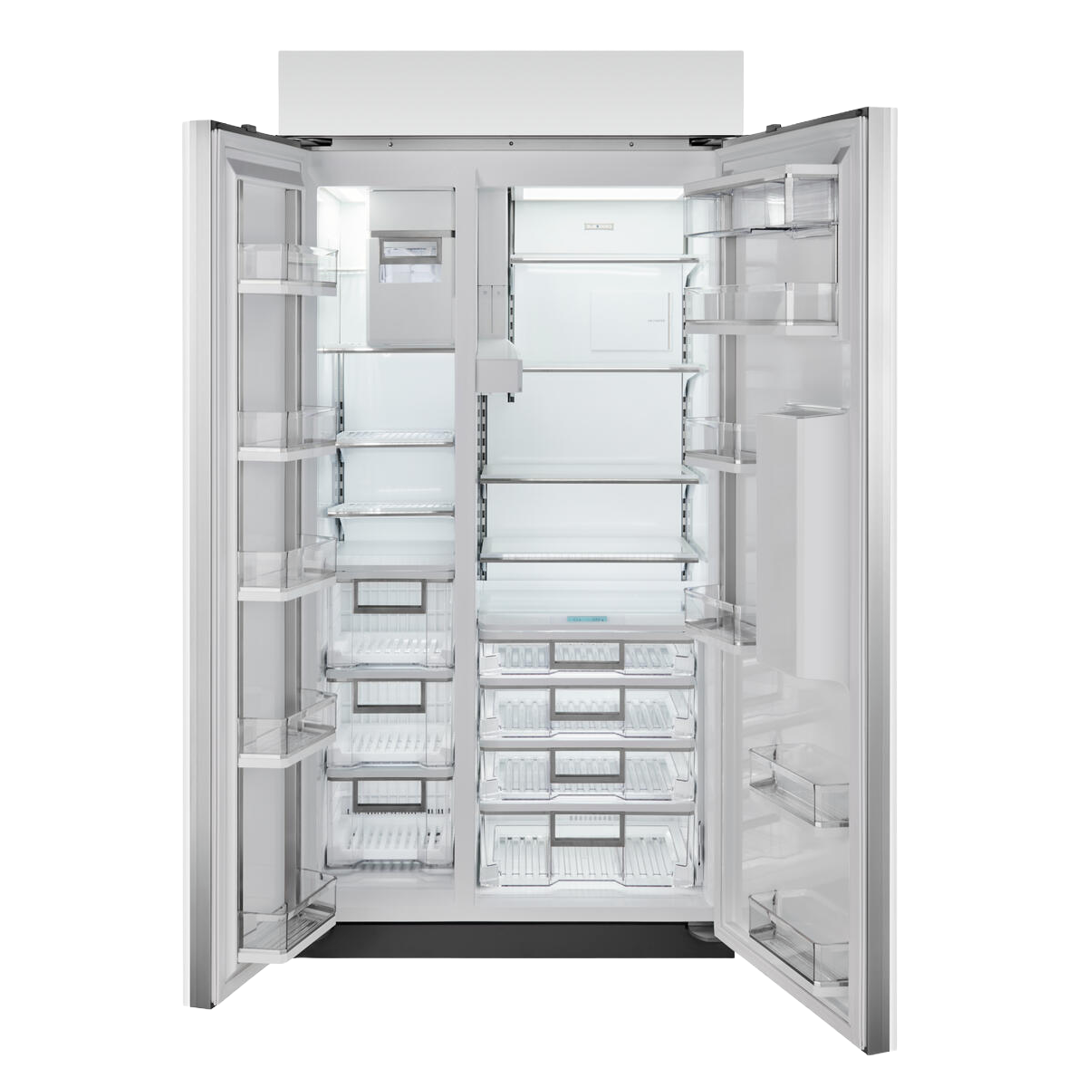 Interior view of open white side-by-side refrigerator with glass shelves and clear door bins in kitchen appliances collection