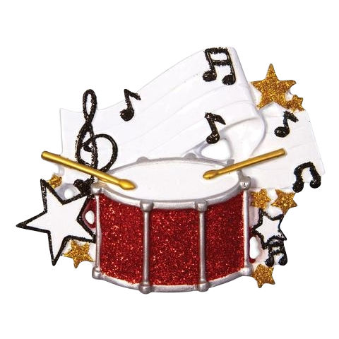 Red glitter drum ornament with gold drumsticks and black musical notes, festive Christmas decoration under $50
