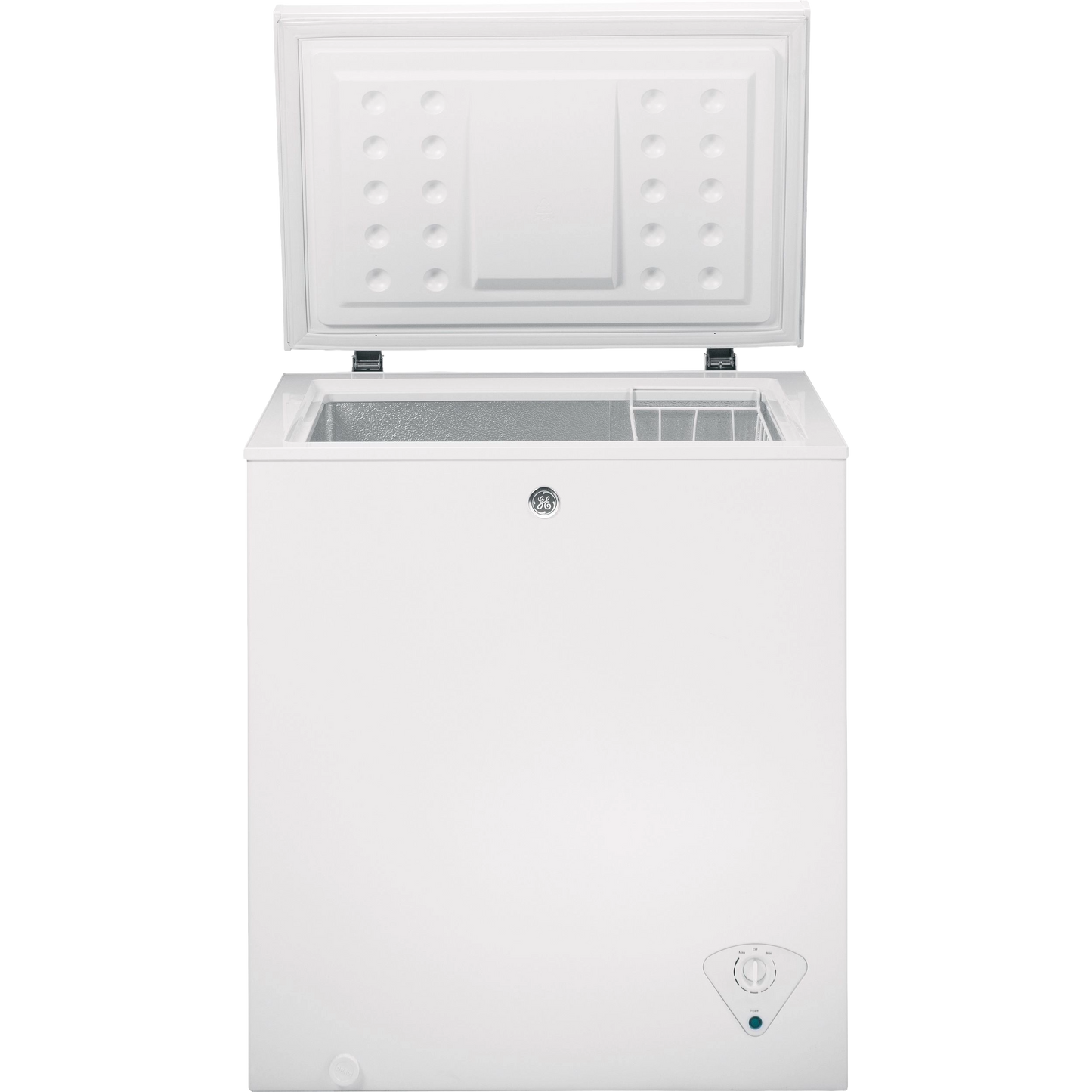 White manual defrost chest freezer with open lid showing interior storage basket for kitchen and appliance use
