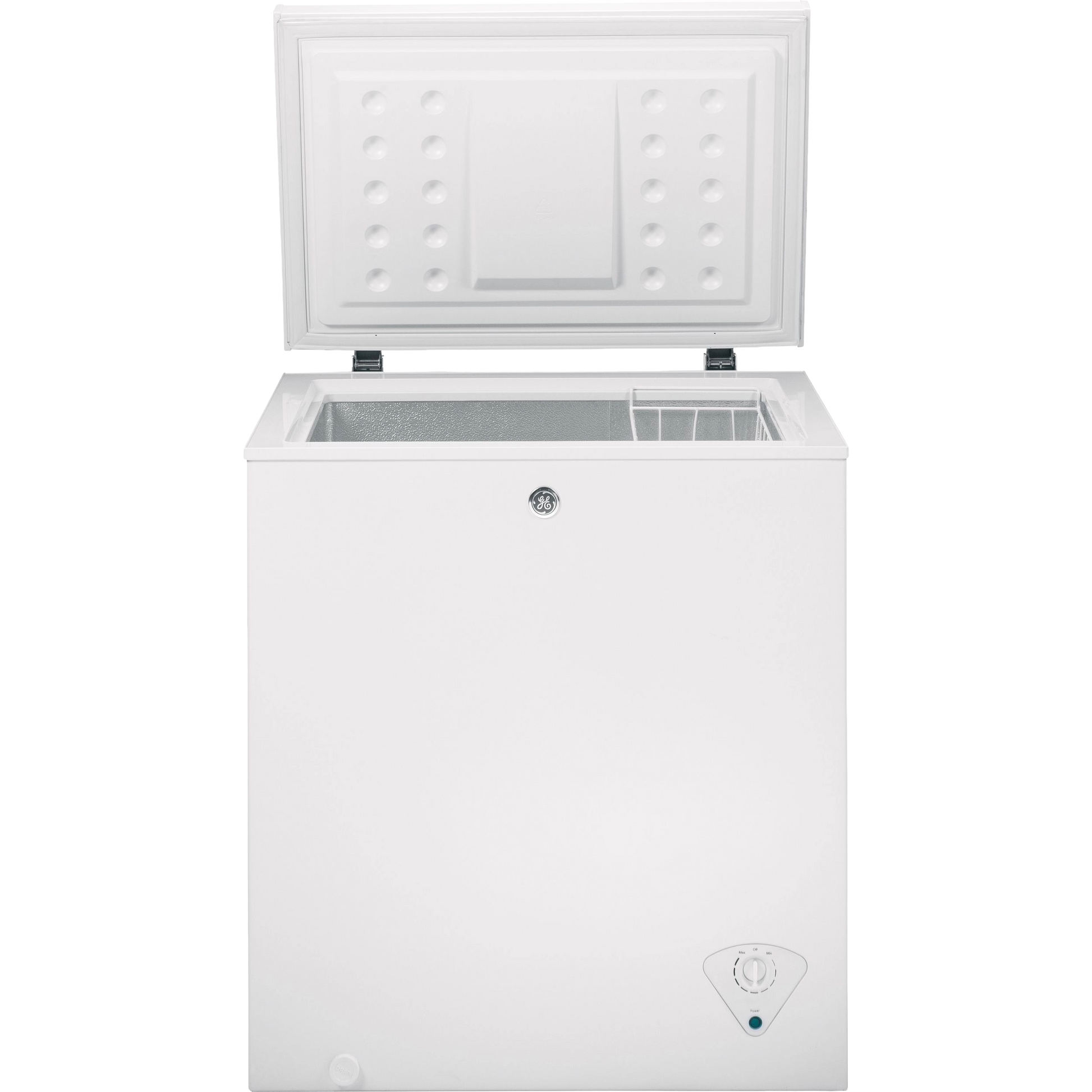 White manual defrost chest freezer with open lid showing interior storage basket for kitchen and appliance use