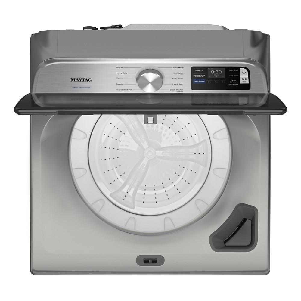 Top load impeller washer with digital display, control knob, and open lid showing stainless steel drum in washers collection