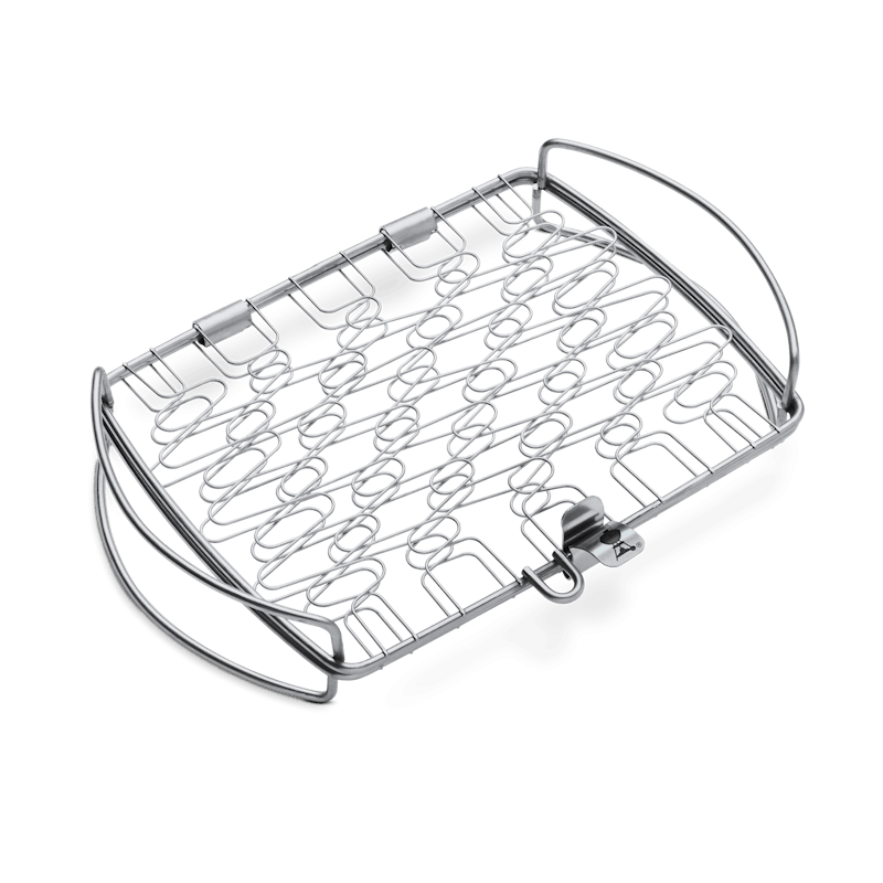 Compact stainless steel fish grilling basket with flexible wire design, part of grilling tools and outdoor living accessories.