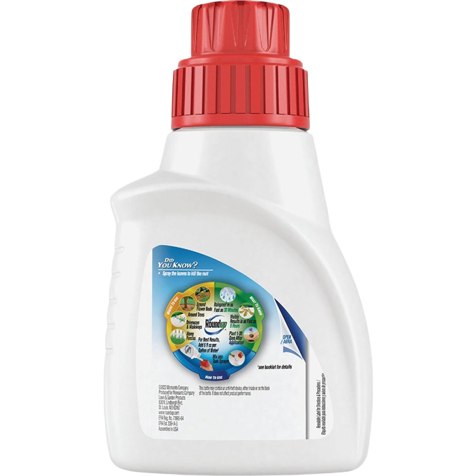 White round plastic bottle with red cap showing herbicide label for lawn care and garden use under $50