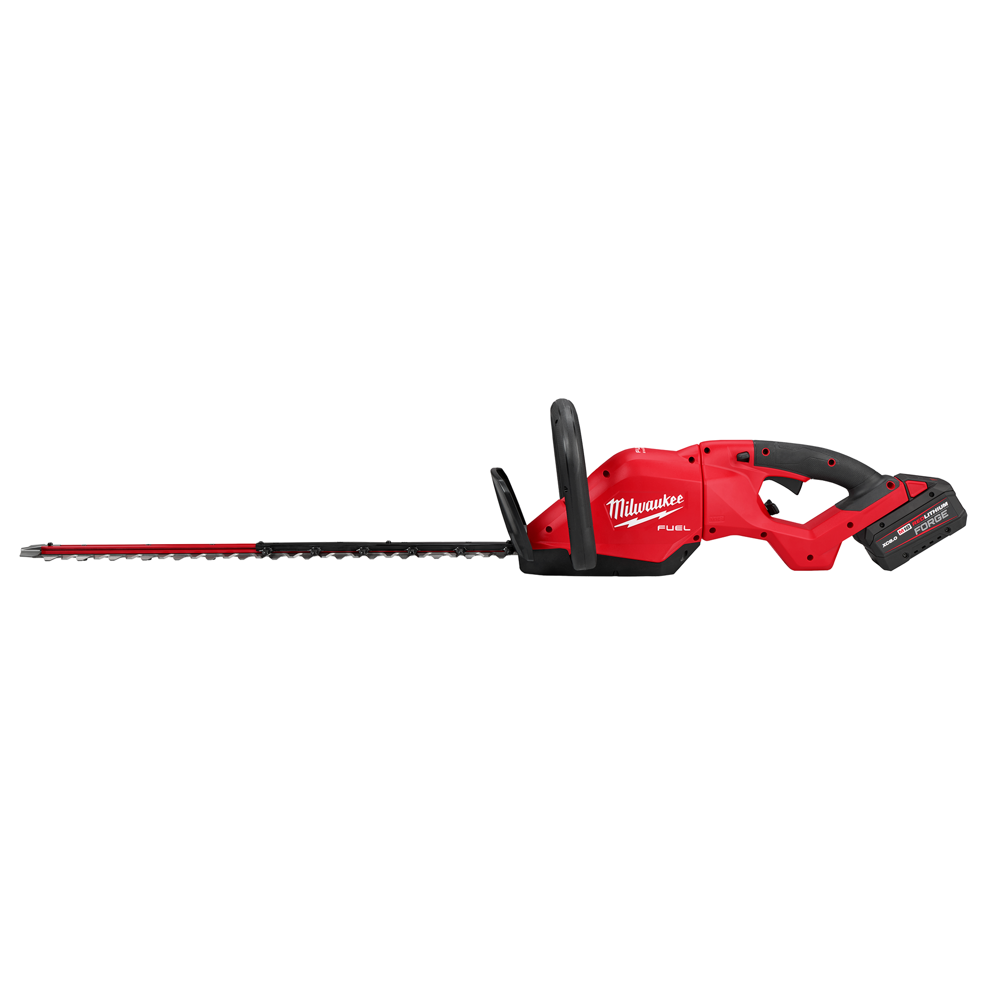 Red cordless hedge trimmer with ergonomic handles and long cutting blade for efficient home improvement tasks