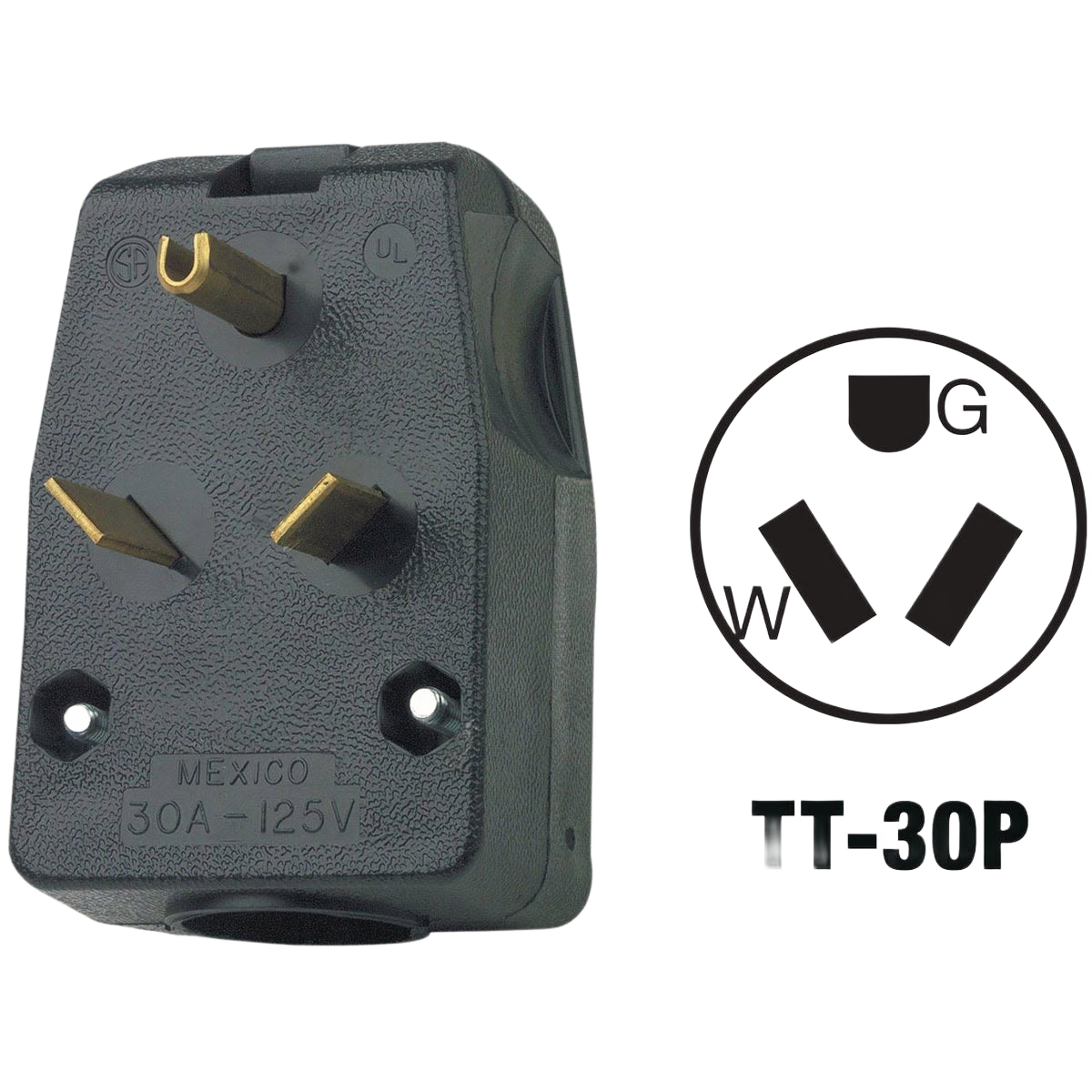 Black angled 30 amp 125V power plug with three brass prongs for tools and home improvement applications